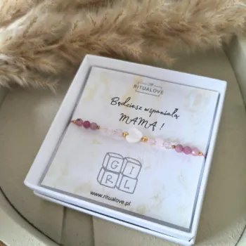 Bransoletka baby shower dla przyszłej mamy dziewczynki - masa perłowa, turmalin różowy, kryształ górski